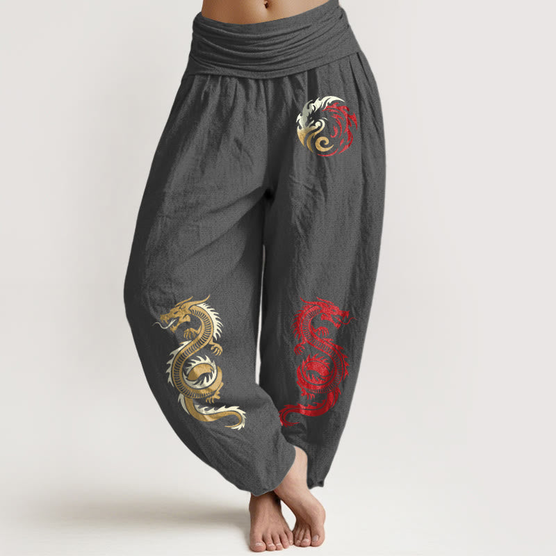 Nimara Ritual Pure Cotton Dragon Pattern Women's Elastic Waist Harem Pants