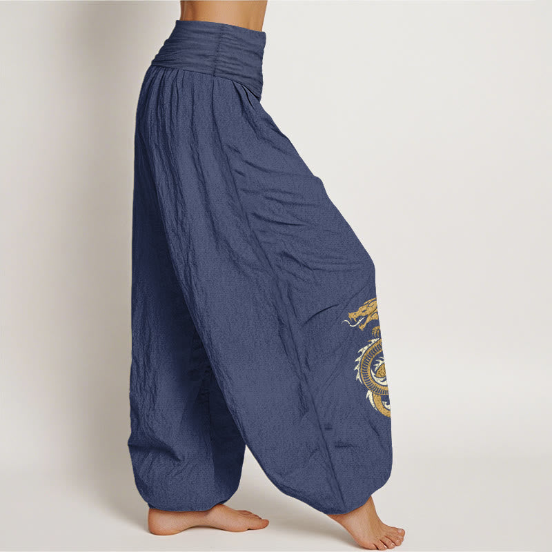 Nimara Ritual Pure Cotton Dragon Pattern Women's Elastic Waist Harem Pants