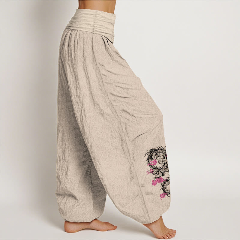 Nimara Ritual Dragon Auspicious Clouds Flower Pattern Women's Elastic Waist Harem Cotton Pants