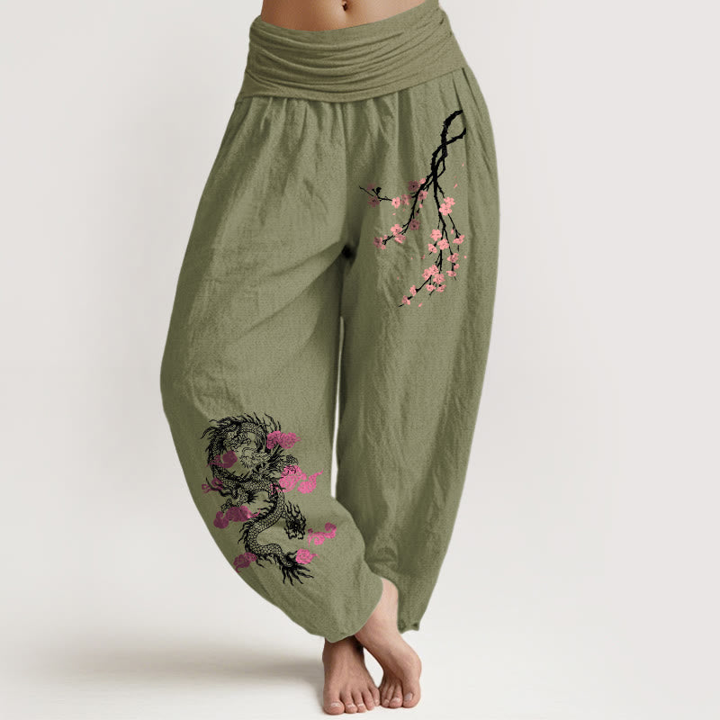 Nimara Ritual Dragon Auspicious Clouds Flower Pattern Women's Elastic Waist Harem Cotton Pants