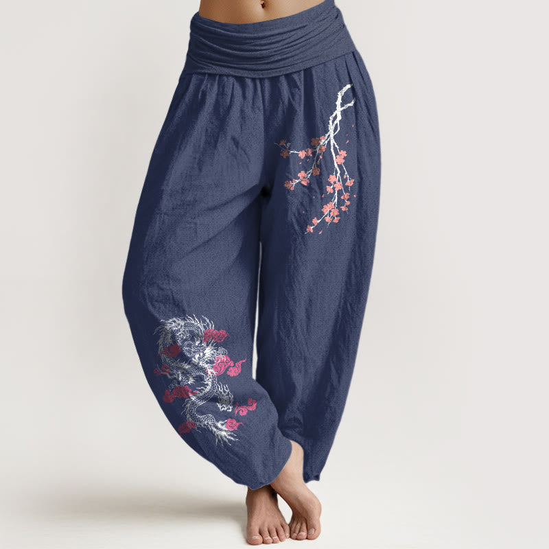 Nimara Ritual Dragon Auspicious Clouds Flower Pattern Women's Elastic Waist Harem Cotton Pants
