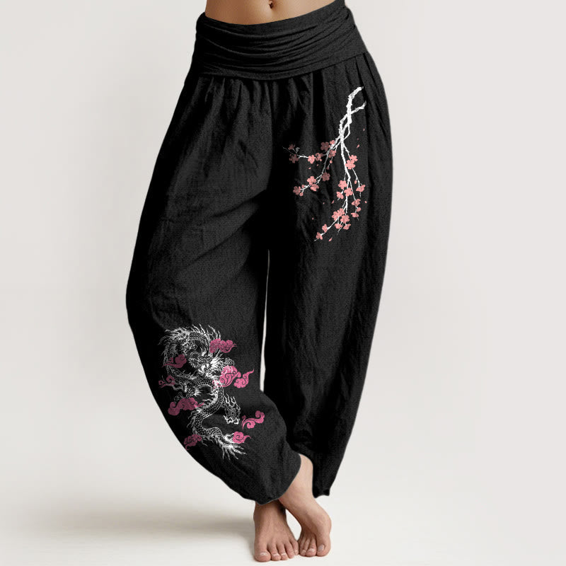 Nimara Ritual Dragon Auspicious Clouds Flower Pattern Women's Elastic Waist Harem Cotton Pants