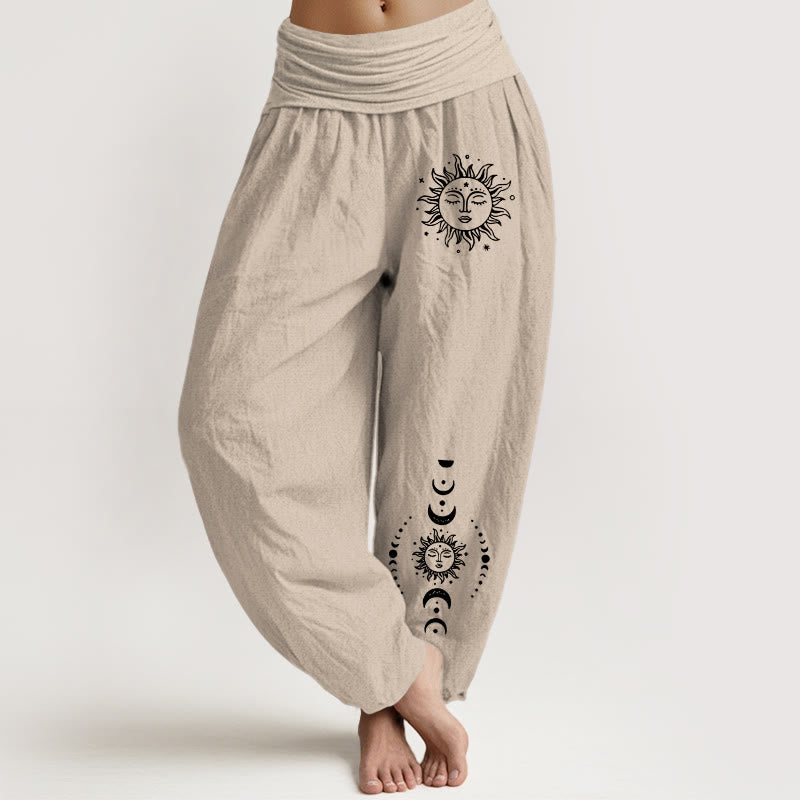 Nimara Ritual Sun Moon Stars Pattern Women's Elastic Waist Harem Pure Cotton Pants