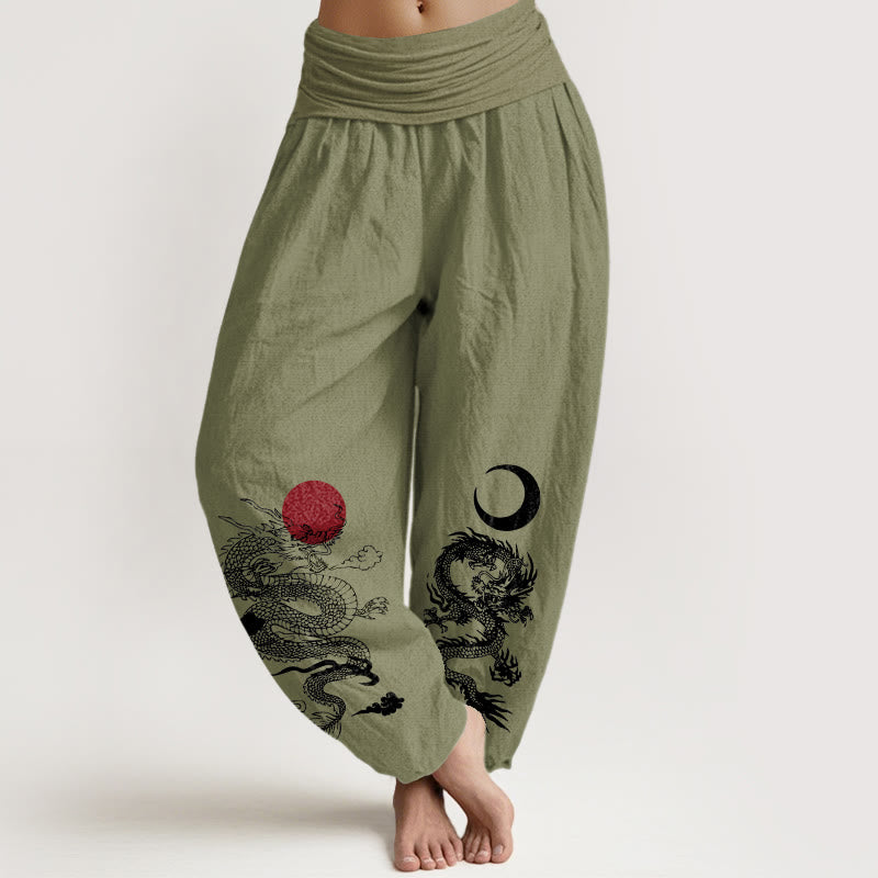 Nimara Ritual Pure Cotton Dragon Sun Moon Pattern Women's Elastic Waist Harem Pants