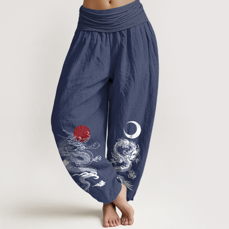 Nimara Ritual Pure Cotton Dragon Sun Moon Pattern Women's Elastic Waist Harem Pants