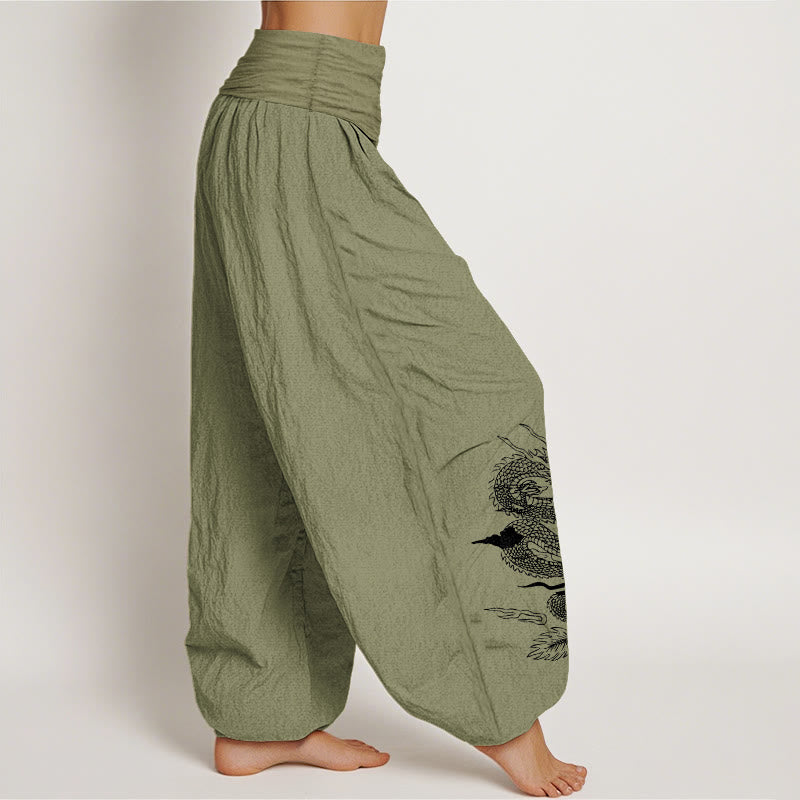Nimara Ritual Pure Cotton Dragon Sun Moon Pattern Women's Elastic Waist Harem Pants