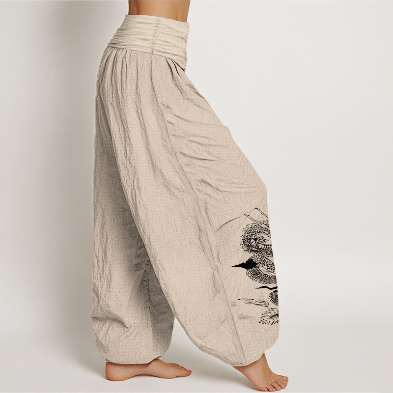 Nimara Ritual Pure Cotton Dragon Sun Moon Pattern Women's Elastic Waist Harem Pants