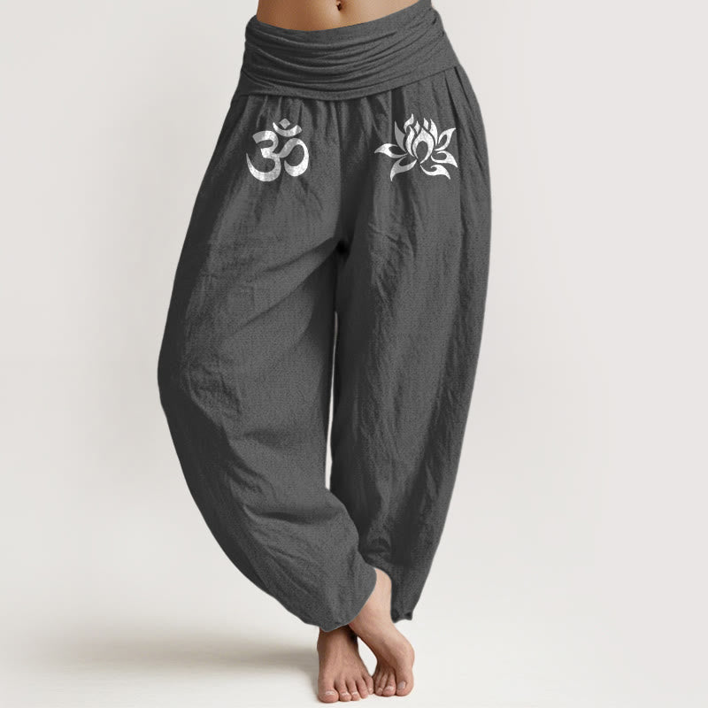 Nimara Ritual Solid Color Pure Cotton Lotus Om Symbol Pattern Women's Elastic Waist Harem Pants