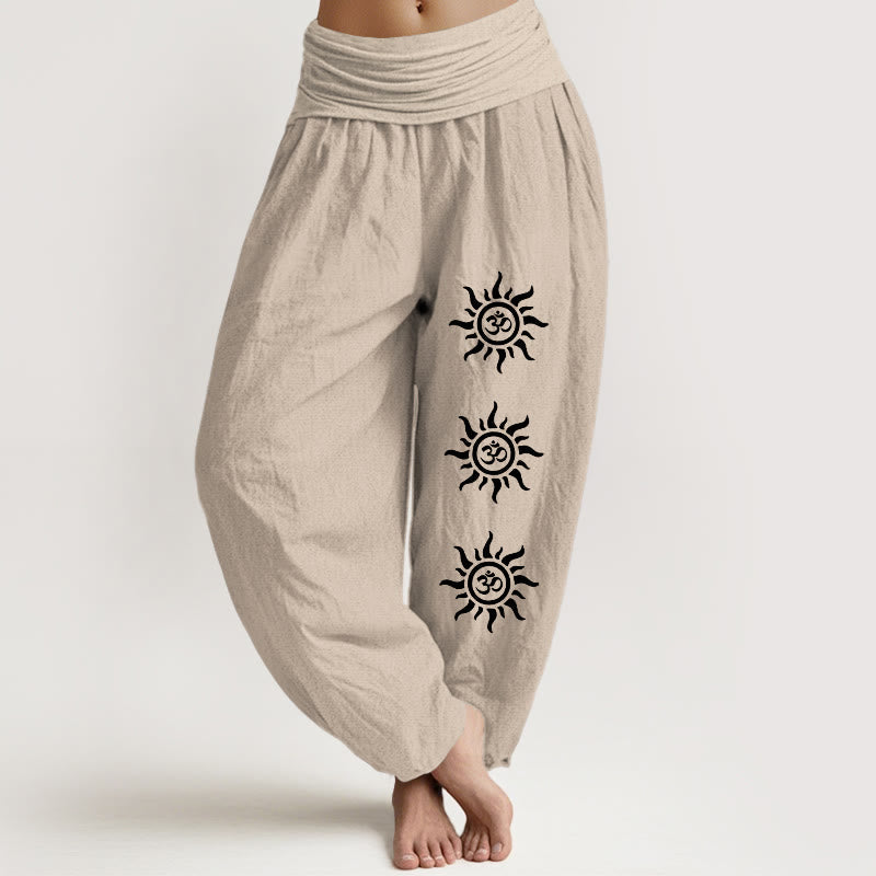 Nimara Ritual Solid Color Pure Cotton Sun Om Symbol Pattern Women's Elastic Waist Harem Pants