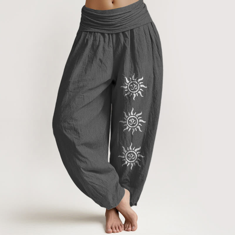 Nimara Ritual Solid Color Pure Cotton Sun Om Symbol Pattern Women's Elastic Waist Harem Pants
