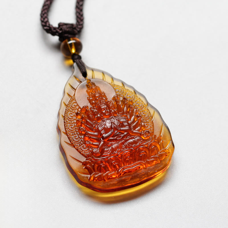 Nimara Ritual Liuli Crystal Chinese Zodiac Natal Buddha Protection Leaf Shape Necklace Pendant
