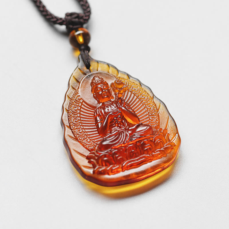 Nimara Ritual Liuli Crystal Chinese Zodiac Natal Buddha Protection Leaf Shape Necklace Pendant