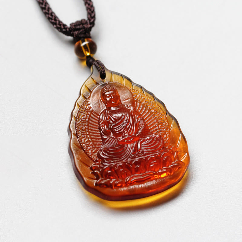 Nimara Ritual Liuli Crystal Chinese Zodiac Natal Buddha Protection Leaf Shape Necklace Pendant