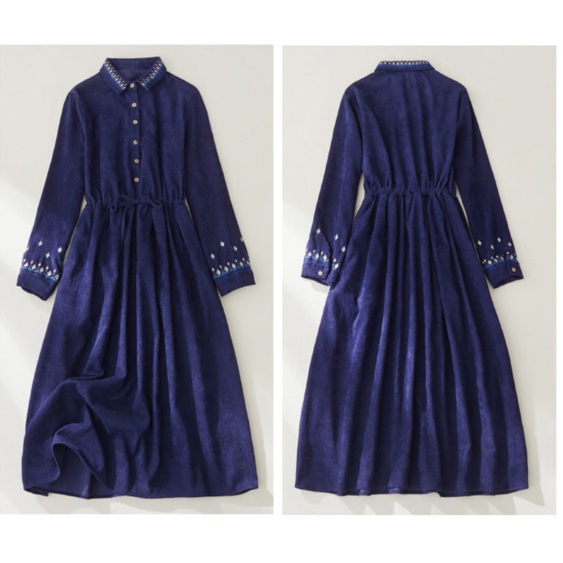 Nimara Ritual Embroidered Floral Pattern Lace-up Design Long Sleeve Midi Dress With Pockets