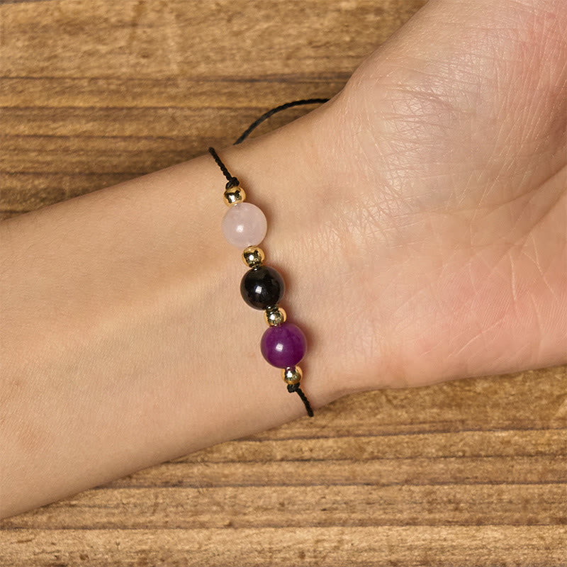 Nimara Ritual Amethyst Black Tourmaline Rose Quartz Empath Card Rope Bracelet
