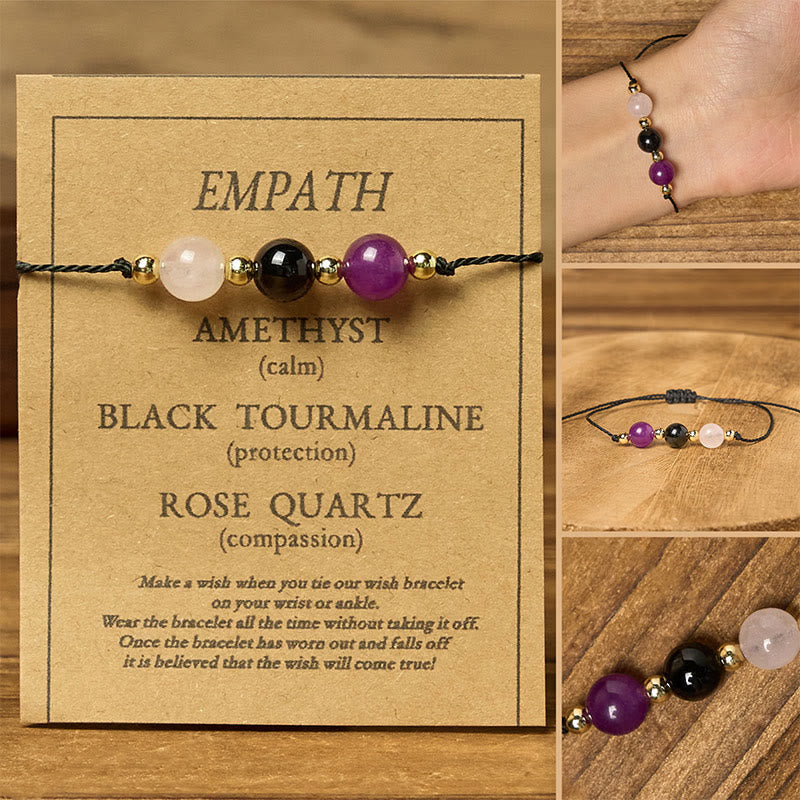 Nimara Ritual Amethyst Black Tourmaline Rose Quartz Empath Card Rope Bracelet