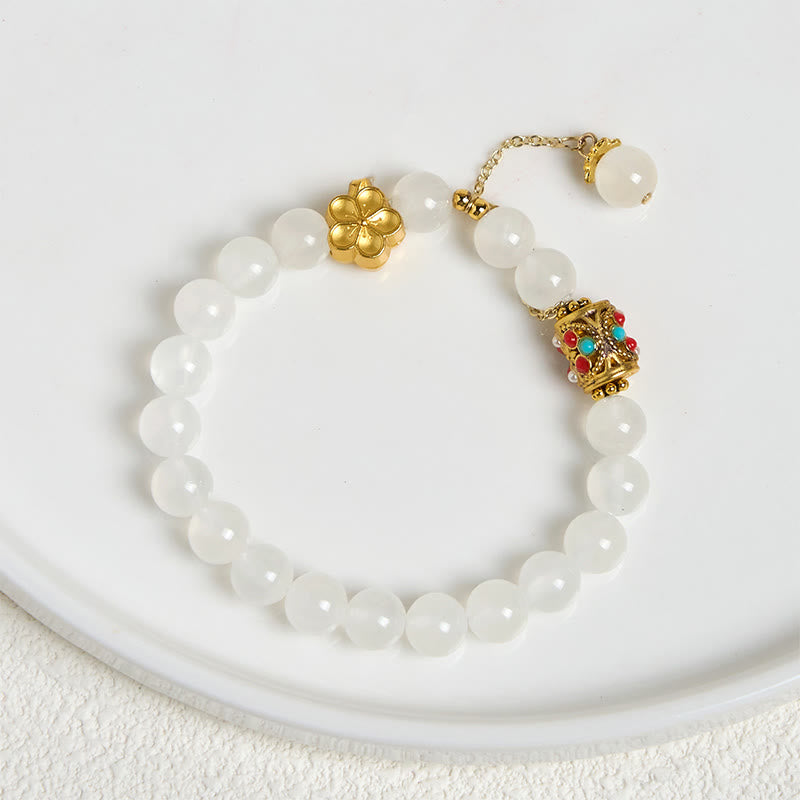 Nimara Ritual Tibetan White Agate Crystal Stone Flowers Positivity Bracelet
