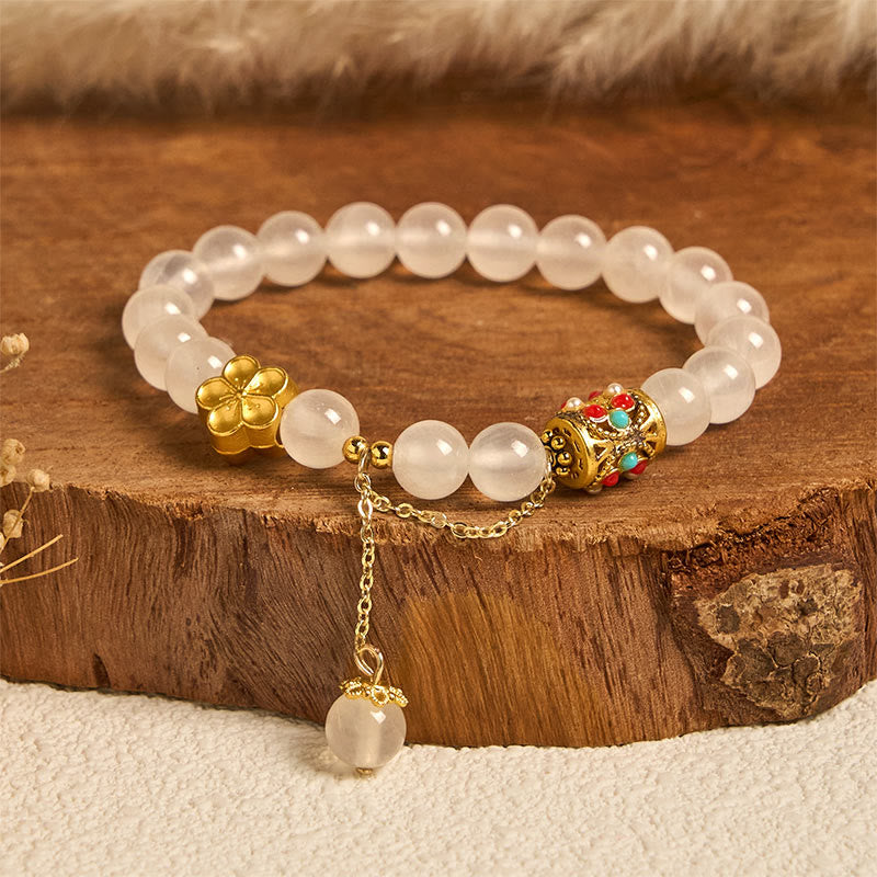 Nimara Ritual Tibetan White Agate Crystal Stone Flowers Positivity Bracelet