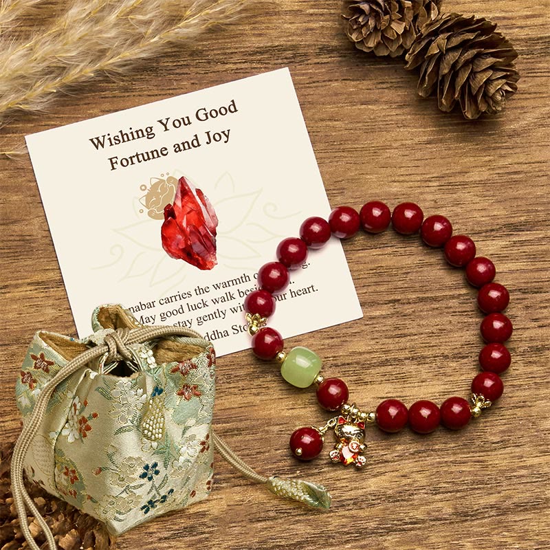 Nimara Ritual "Wishing You Good Fortune and Joy" Cat Cinnabar Bracelet Includes Gift Message Card