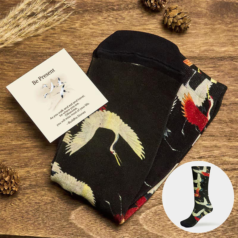 Nimara Ritual "Be Present" Casual White Red Cranes Men Women Unisex Socks Includes Gift Message Card