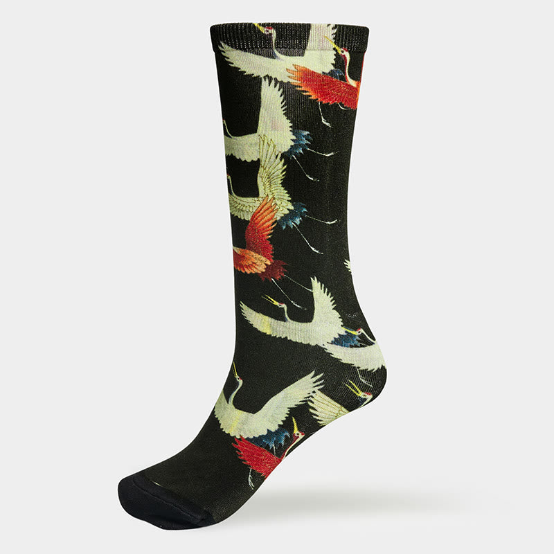 Nimara Ritual "Be Present" Casual White Red Cranes Men Women Unisex Socks Includes Gift Message Card
