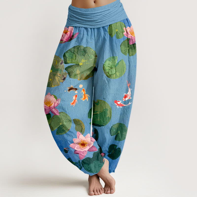 Nimara Ritual Print Koi Fish Lotus Flowers Pattern Women's Elastic Waist Harem Pure Cotton Pants