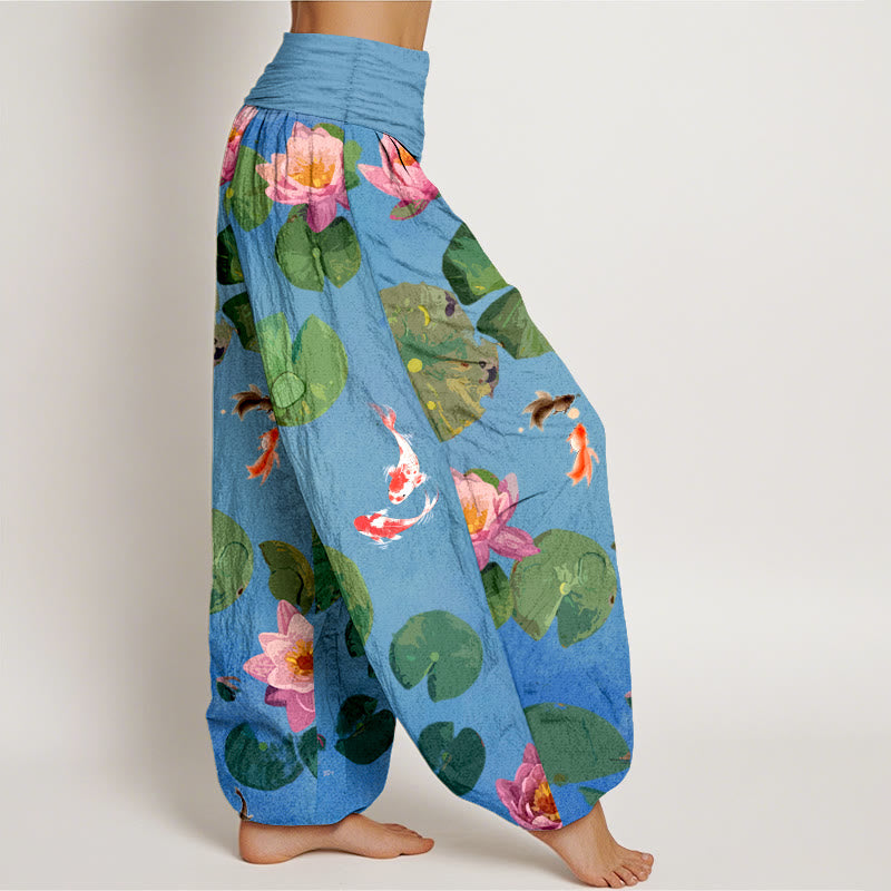 Nimara Ritual Print Koi Fish Lotus Flowers Pattern Women's Elastic Waist Harem Pure Cotton Pants