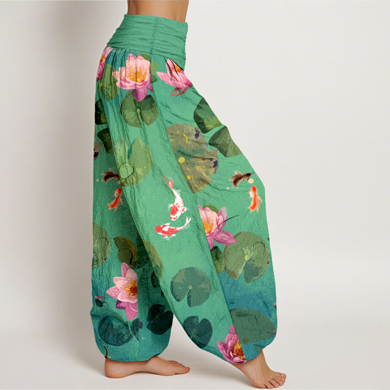 Nimara Ritual Print Koi Fish Lotus Flowers Pattern Women's Elastic Waist Harem Pure Cotton Pants