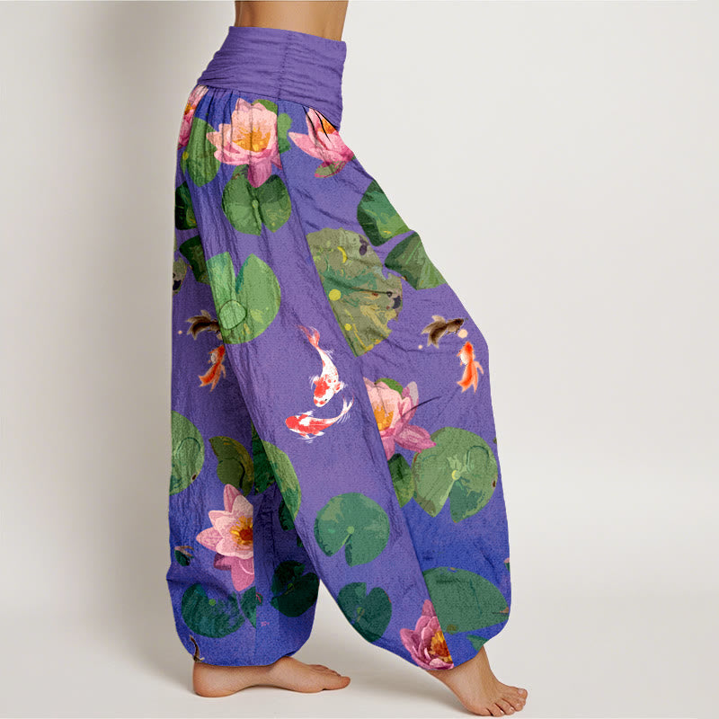Nimara Ritual Print Koi Fish Lotus Flowers Pattern Women's Elastic Waist Harem Pure Cotton Pants