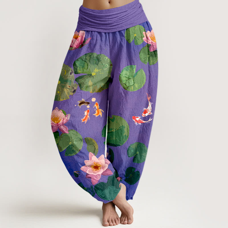 Nimara Ritual Print Koi Fish Lotus Flowers Pattern Women's Elastic Waist Harem Pure Cotton Pants
