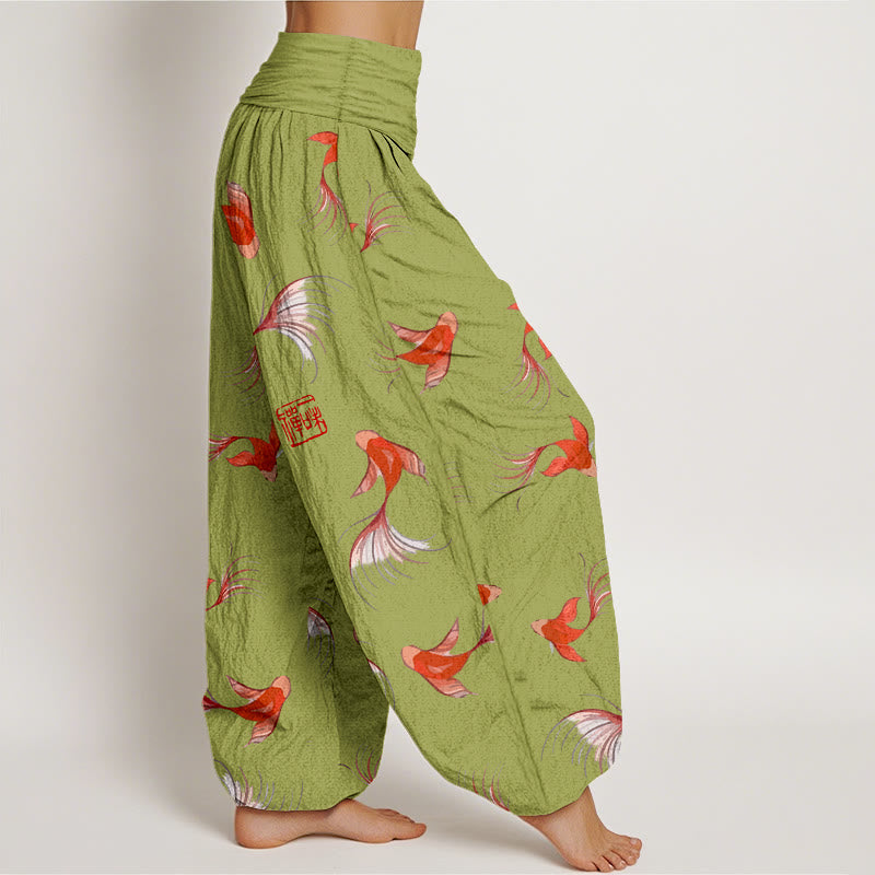 Nimara Ritual Print Pure Cotton Koi Fish Pattern Women's Elastic Waist Harem Pants