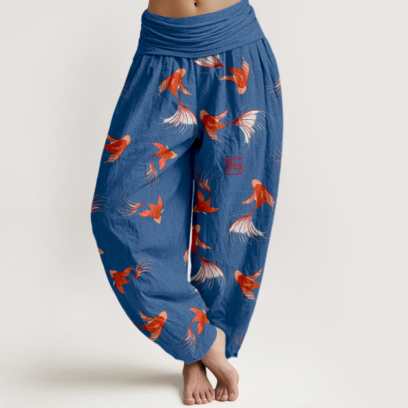 Nimara Ritual Print Pure Cotton Koi Fish Pattern Women's Elastic Waist Harem Pants