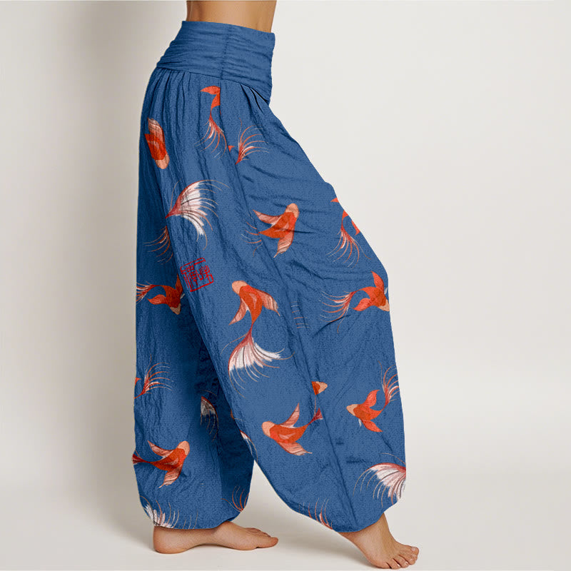 Nimara Ritual Print Pure Cotton Koi Fish Pattern Women's Elastic Waist Harem Pants