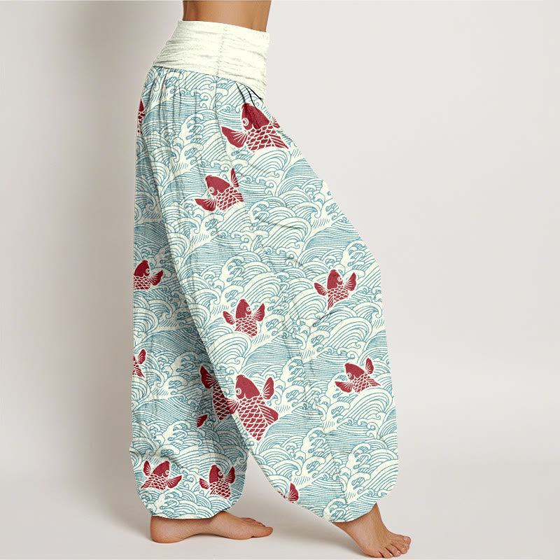 Nimara Ritual Print Koi Fishes Waves Pattern Women's Elastic Waist Harem Pure Cotton Pants