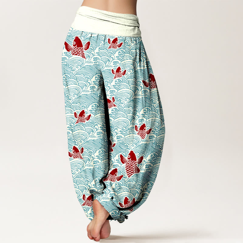 Nimara Ritual Print Koi Fishes Waves Pattern Women's Elastic Waist Harem Pure Cotton Pants