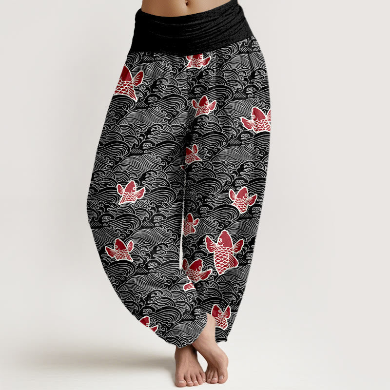 Nimara Ritual Print Koi Fishes Waves Pattern Women's Elastic Waist Harem Pure Cotton Pants