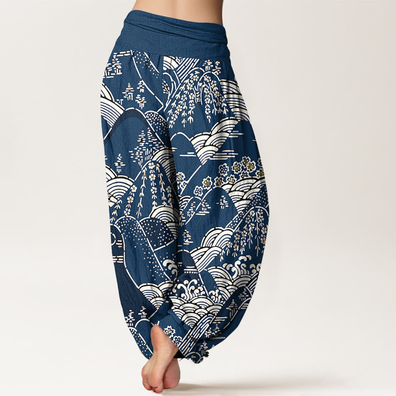 Nimara Ritual Printed Mountains Waves Floral Pattern Women's Elastic Waist Harem Pure Cotton Pants