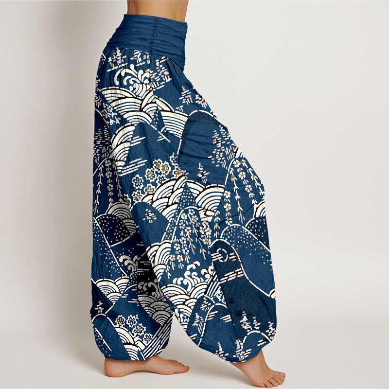 Nimara Ritual Printed Mountains Waves Floral Pattern Women's Elastic Waist Harem Pure Cotton Pants