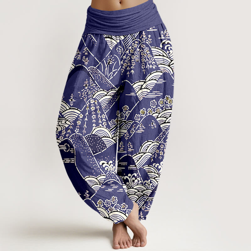 Nimara Ritual Printed Mountains Waves Floral Pattern Women's Elastic Waist Harem Pure Cotton Pants