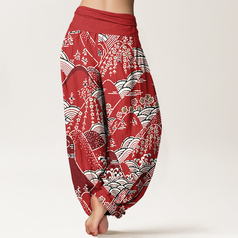 Nimara Ritual Printed Mountains Waves Floral Pattern Women's Elastic Waist Harem Pure Cotton Pants