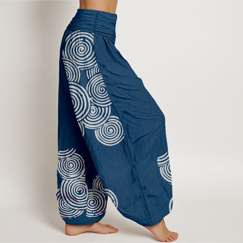 Nimara Ritual Printed White Spiral Pattern Women's Elastic Waist Harem Pure Cotton Pants