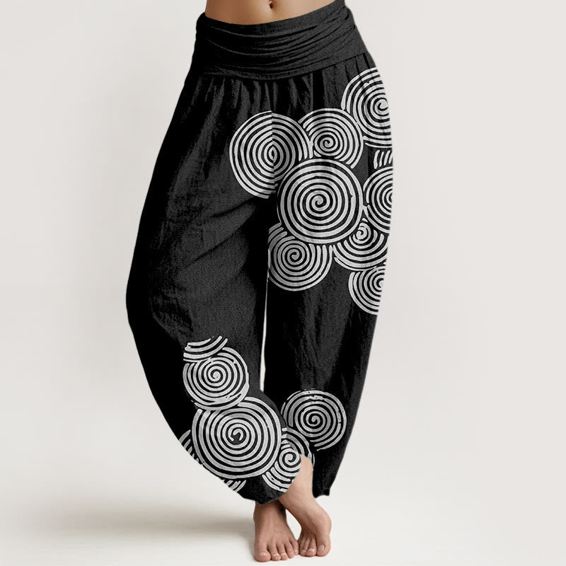 Nimara Ritual Printed White Spiral Pattern Women's Elastic Waist Harem Pure Cotton Pants