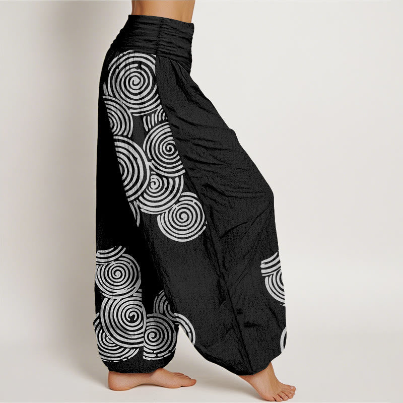 Nimara Ritual Printed White Spiral Pattern Women's Elastic Waist Harem Pure Cotton Pants