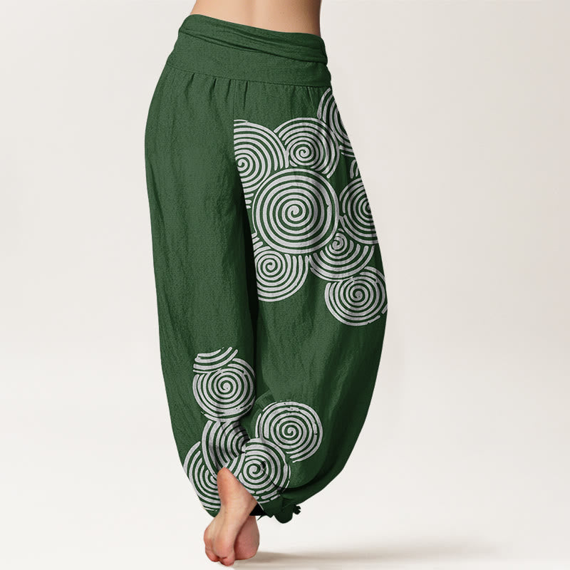 Nimara Ritual Printed White Spiral Pattern Women's Elastic Waist Harem Pure Cotton Pants