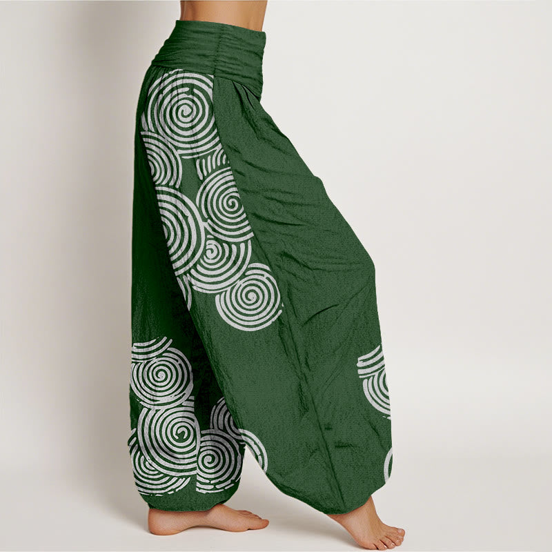 Nimara Ritual Printed White Spiral Pattern Women's Elastic Waist Harem Pure Cotton Pants