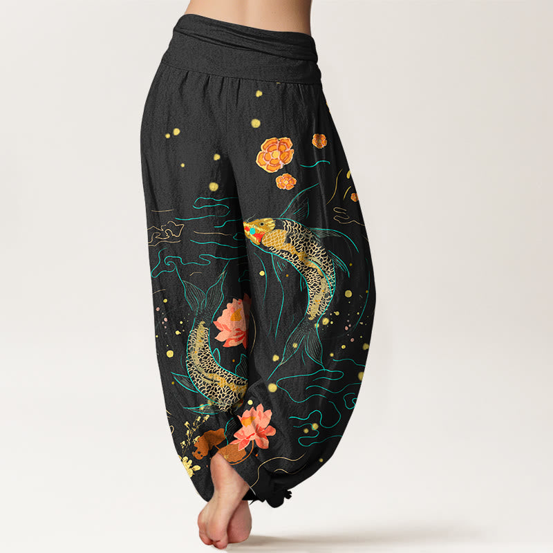 Nimara Ritual Koi Fish Lotus Pattern Women's Elastic Waist Harem Pure Cotton Printed Pants