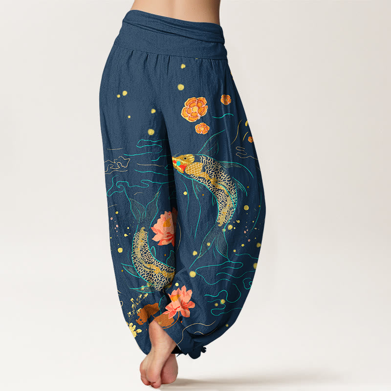 Nimara Ritual Koi Fish Lotus Pattern Women's Elastic Waist Harem Pure Cotton Printed Pants