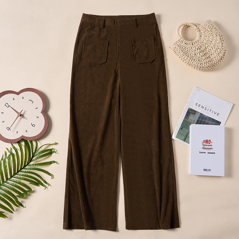 Nimara Ritual Plain Corduroy Polyester Women's Buttons Wide Leg Pants With Pockets
