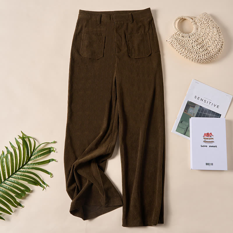 Nimara Ritual Plain Corduroy Polyester Women's Buttons Wide Leg Pants With Pockets