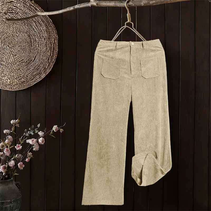 Nimara Ritual Plain Corduroy Polyester Women's Buttons Wide Leg Pants With Pockets
